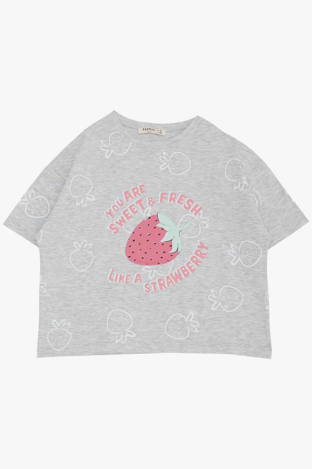 BRE Breeze Girl's T-shirt Crop Strawberry & Text Printed 62 Years, Light Grey Melange - Salon-de-Provence