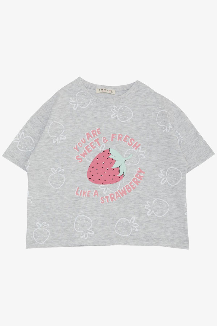 BRE Breeze Girl's T-shirt Crop Strawberry & Text Printed 62 Years, Light Grey Melange - Salon-de-Provence