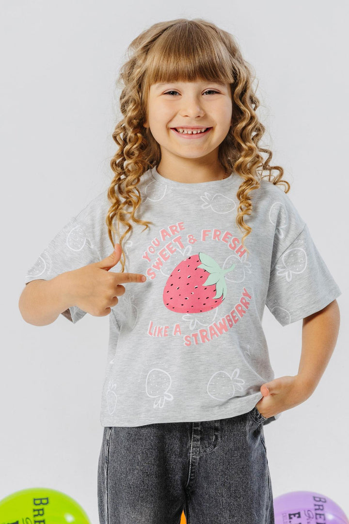 BRE Breeze Girl's T-shirt Crop Strawberry & Text Printed 62 Years, Light Grey Melange - Salon-de-Provence