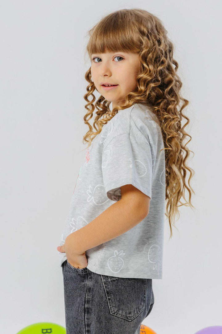 BRE Breeze Girl's T-shirt Crop Strawberry & Text Printed 62 Years, Light Grey Melange - Salon-de-Provence