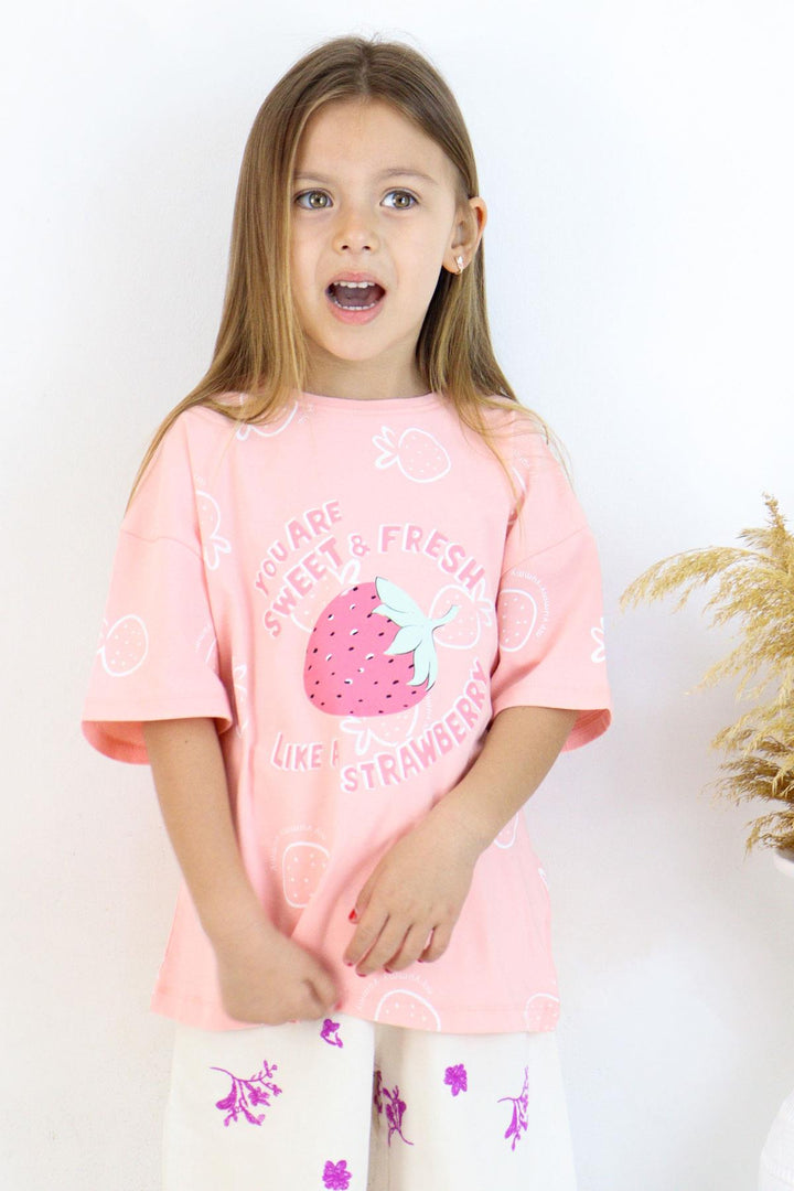 BRE Breeze Girl's T-shirt Crop Strawberry & Text Printed 62 Years, Salmon - San Marcos