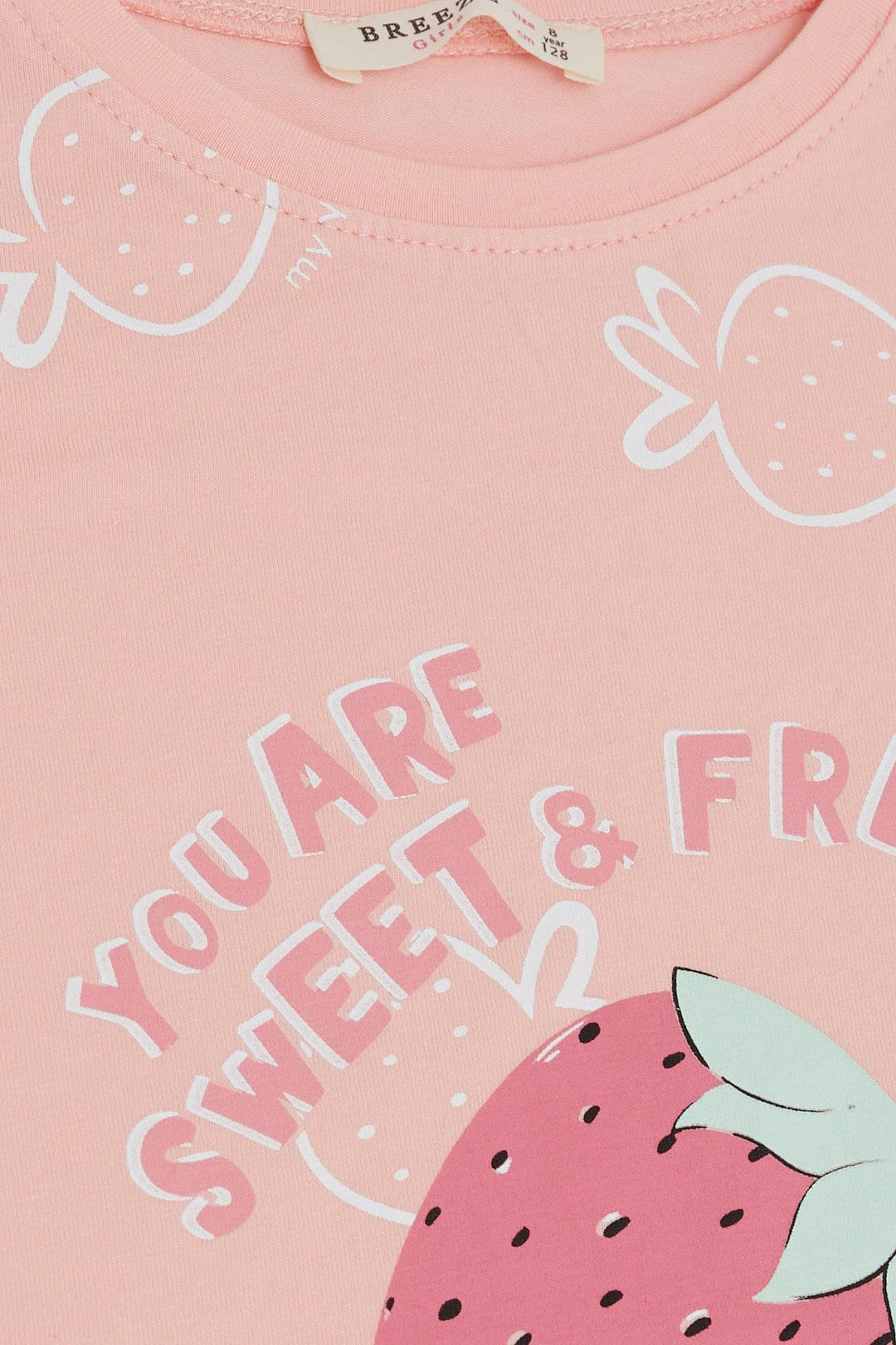 BRE Breeze Girl's T-shirt Crop Strawberry & Text Printed 62 Years, Salmon - San Marcos