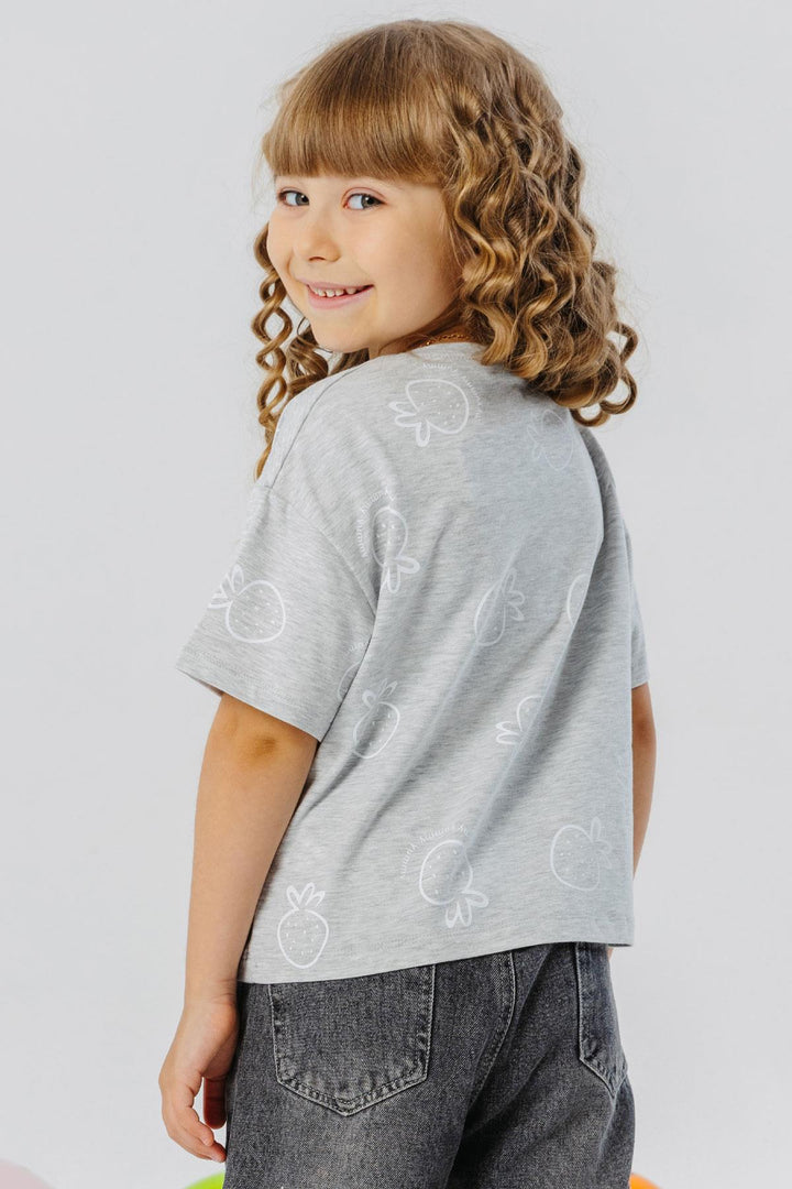 BRE Breeze Girl's T-shirt Crop Strawberry & Text Printed 62 Years, Light Grey Melange - Salon-de-Provence