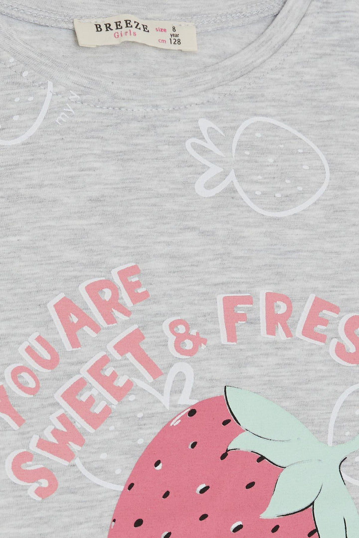 BRE Breeze Girl's T-shirt Crop Strawberry & Text Printed 62 Years, Light Grey Melange - Salon-de-Provence