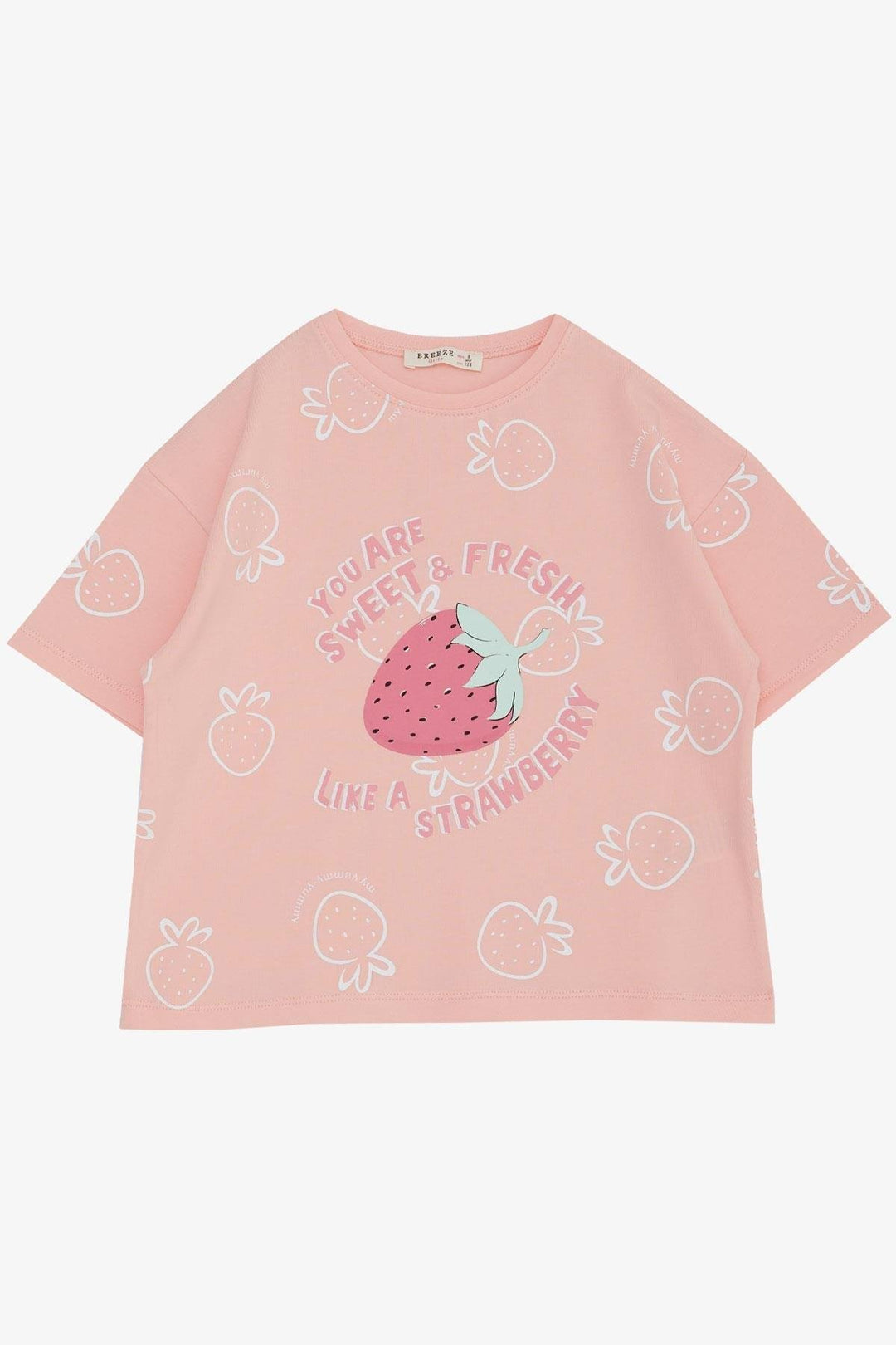 BRE Breeze Girl's T-shirt Crop Strawberry & Text Printed 62 Years, Salmon - San Marcos