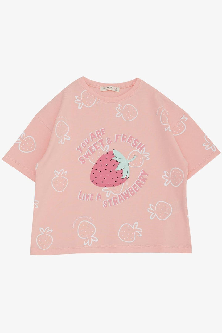 BRE Breeze Girl's T-shirt Crop Strawberry & Text Printed 62 Years, Salmon - San Marcos