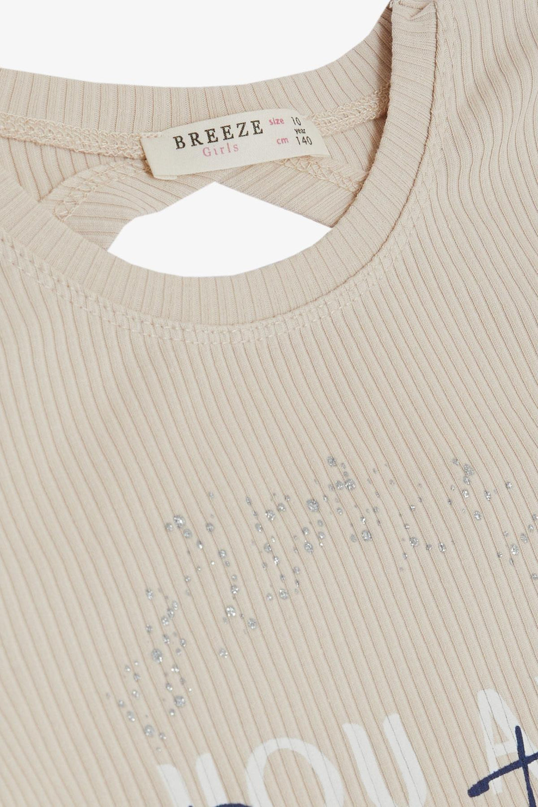 BRE Breeze Girl's Crop T-Shirt with Back Decollete Printed with Shiny Text, Beige, 94 Years - Le Perreux-Sur-Marne