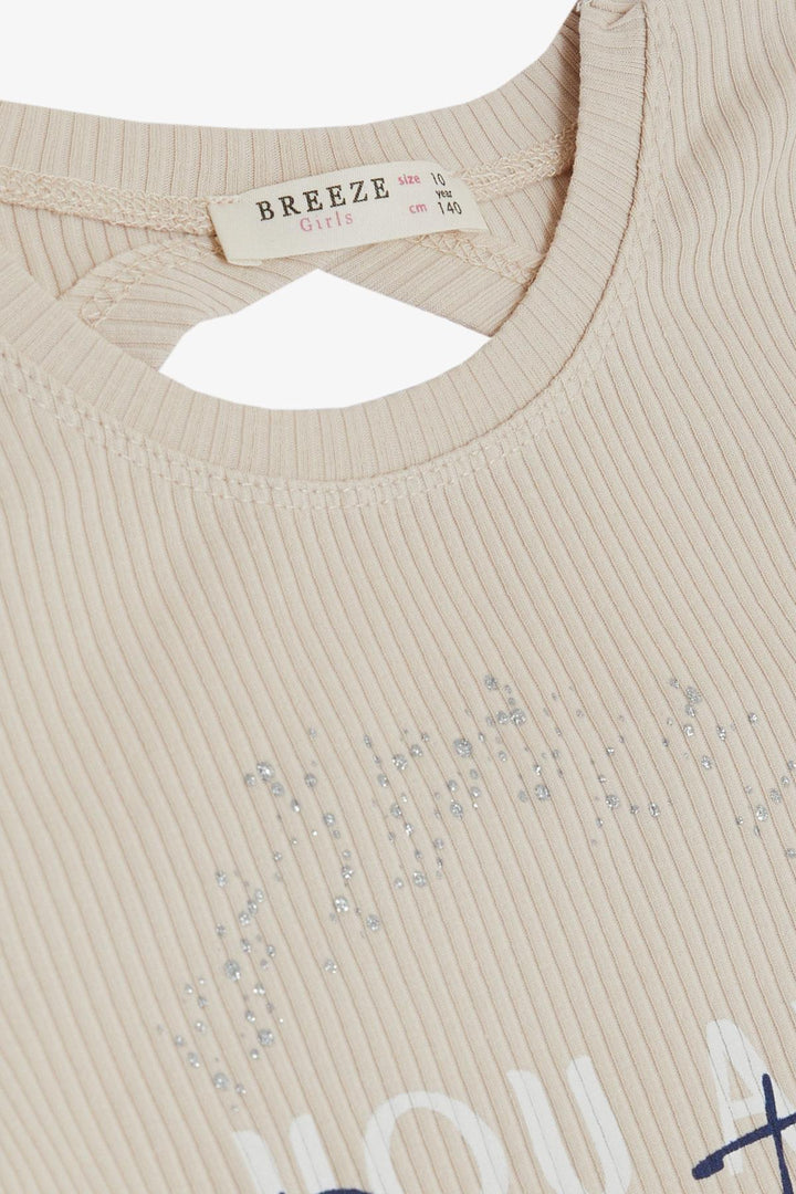 BRE Breeze Girl's Crop T-Shirt with Back Decollete Printed with Shiny Text, Beige, 94 Years - Le Perreux-Sur-Marne