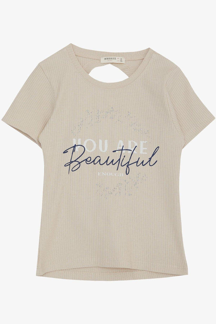 BRE Breeze Girl's Crop T-Shirt with Back Decollete Printed with Shiny Text, Beige, 94 Years - Le Perreux-Sur-Marne