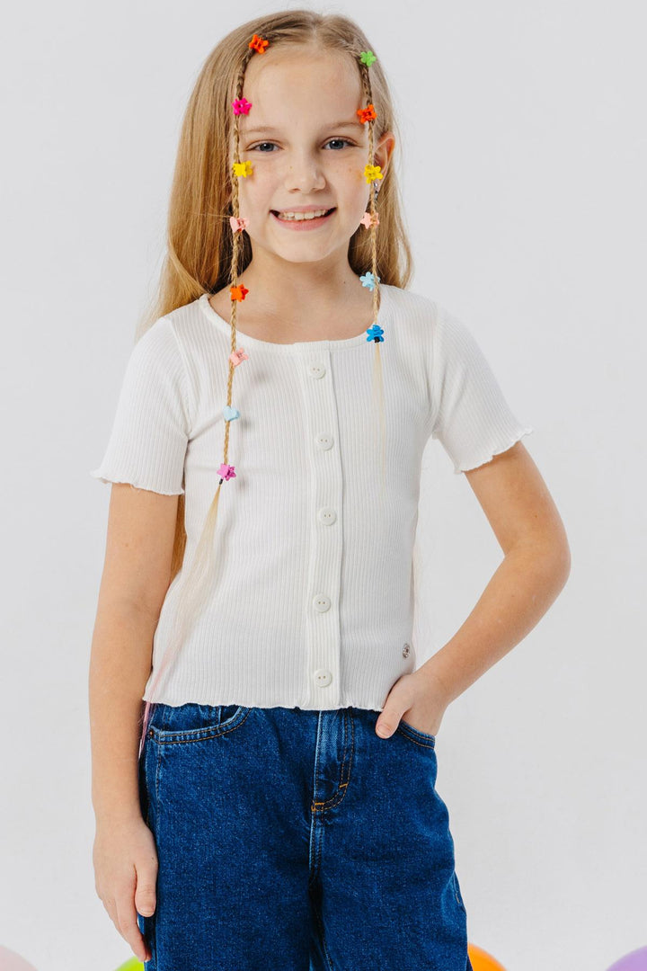 BRE Breeze Girl's T-shirt with Button Accessories, 84 Years, Ecru - Leavenworth
