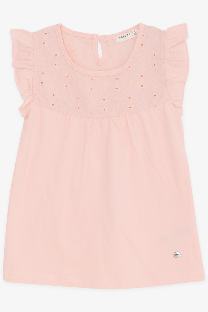 BRE Breeze Girl's T-Shirt with Ruffled Embroidery, 4-8 Years, Salmon - Bend