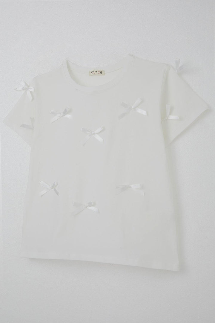 BRE Breeze Girl's T-shirt with Bow Accessory Detail, 94 Years, Ecru - Guilderland