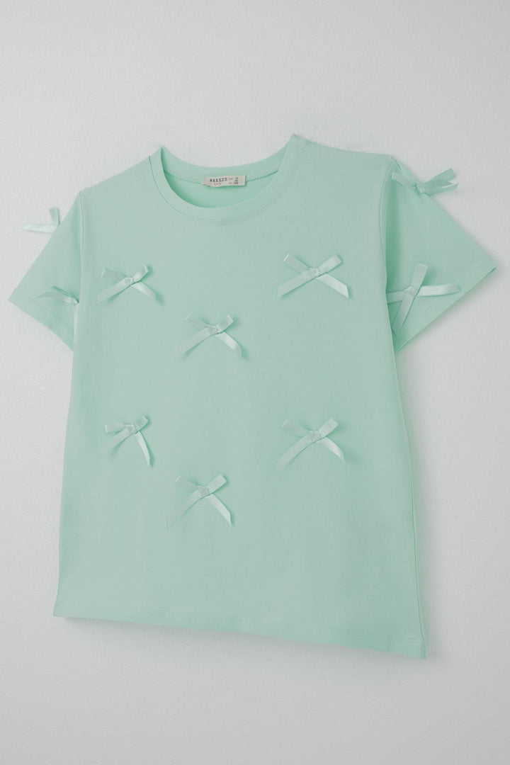 BRE Breeze Girl's T-Shirt with Bow Accessory Detail, 94 Years, Aqua Green - Noisy-le-Sec