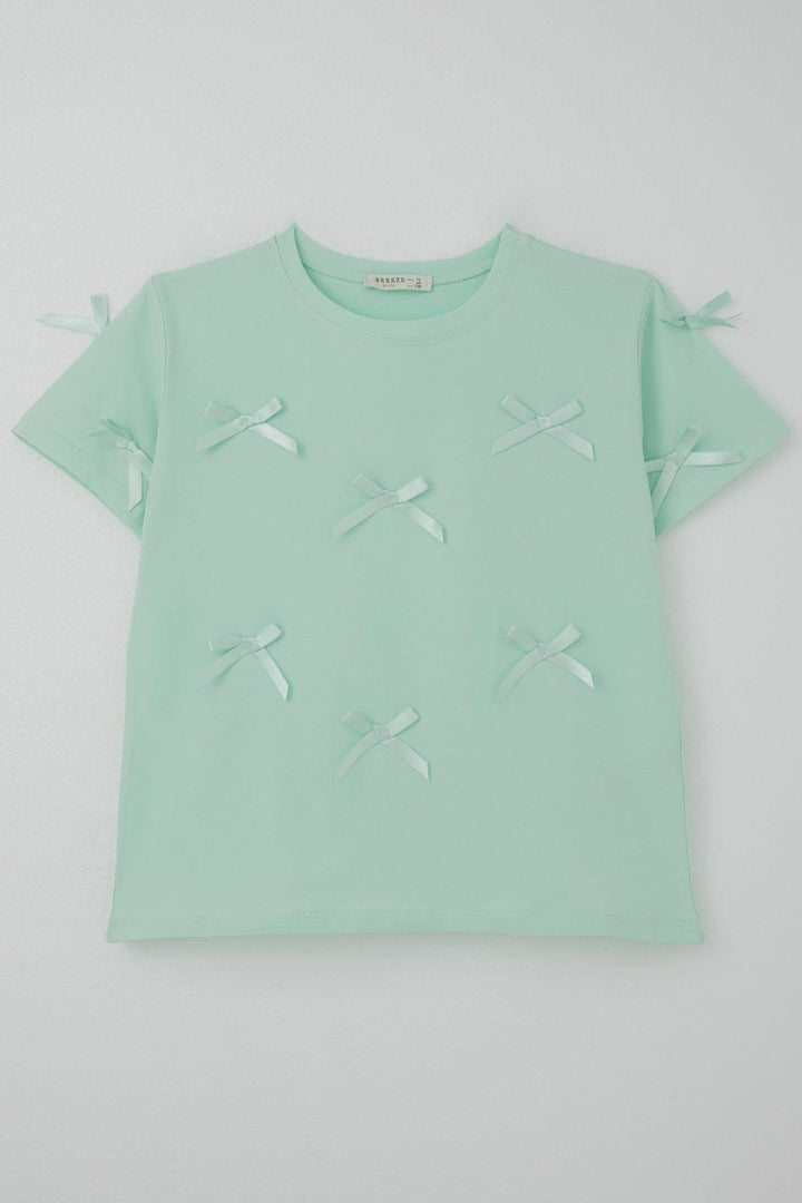 BRE Breeze Girl's T-Shirt with Bow Accessory Detail, 94 Years, Aqua Green - Noisy-le-Sec