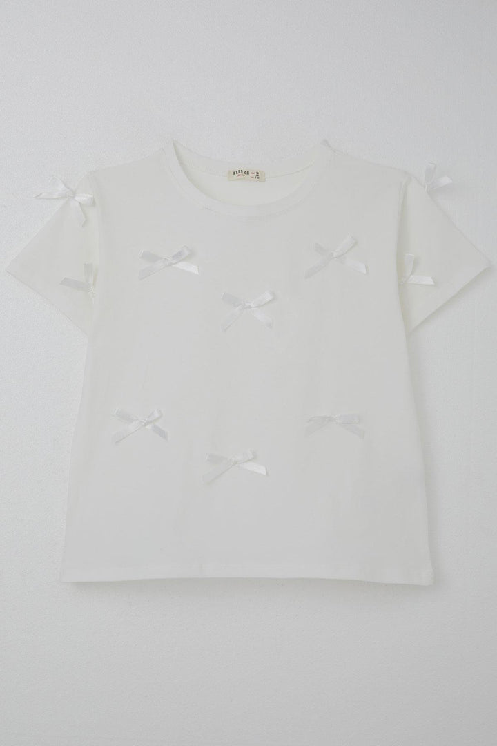 BRE Breeze Girl's T-shirt with Bow Accessory Detail, 94 Years, Ecru - Guilderland