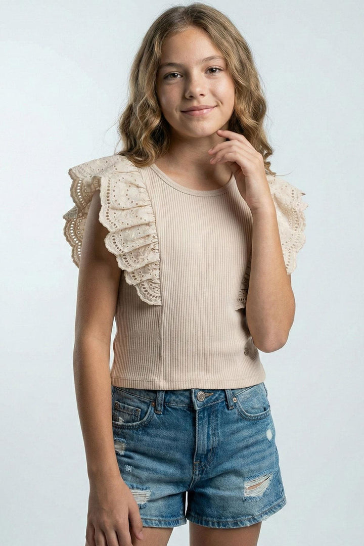 BRE Breeze Kız Çocuk Tişört Güpürlü Çiçek & Yaprak Nakışlı 62 Yaş, Bej - Puebla