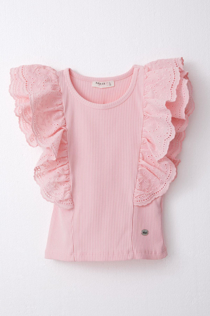 BRE Breeze Girl's T-shirt with Lace Flower & Leaf Embroidery, 62 Years, Pink - Meaux