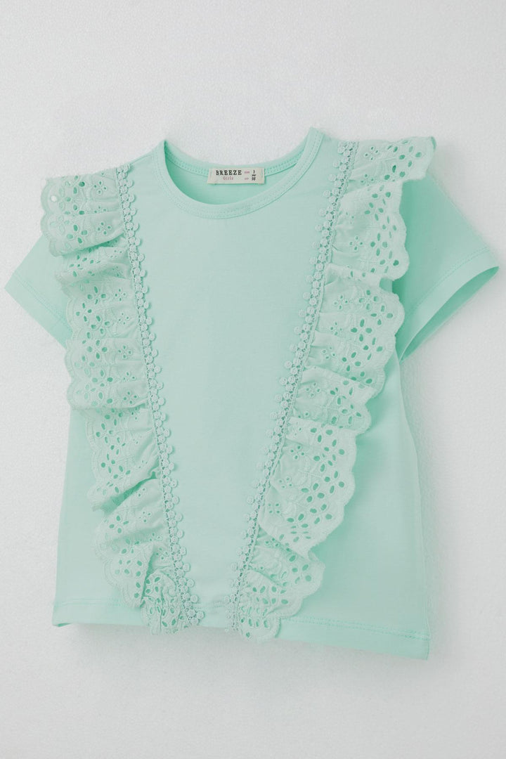 BRE Breeze Girl's T-Shirt with Embroidered Lace Flowers, 1.5-5 Years, Aqua Green - Tenancingo