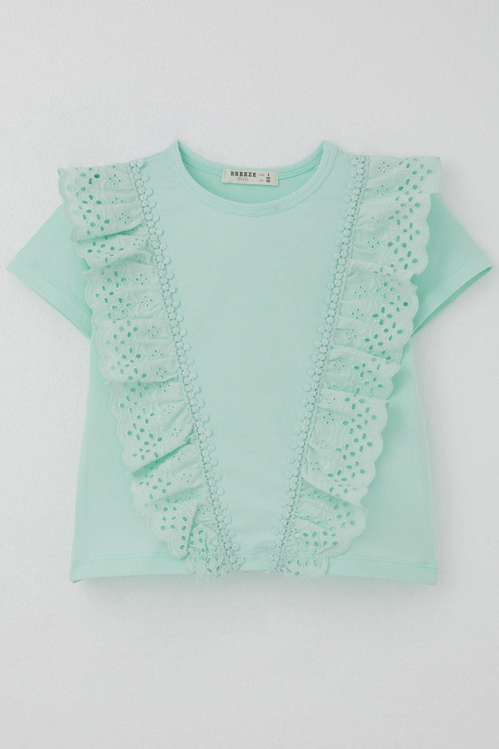 BRE Breeze Girl's T-Shirt with Embroidered Lace Flowers, 1.5-5 Years, Aqua Green - Tenancingo