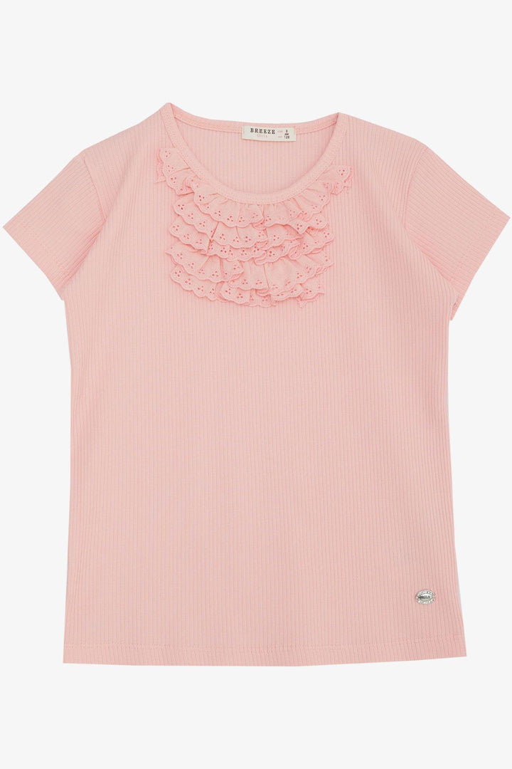 BRE Breeze Girl's T-shirt with Lace Trim and Lurex, 4-8 Years, Salmon - Reutlingen