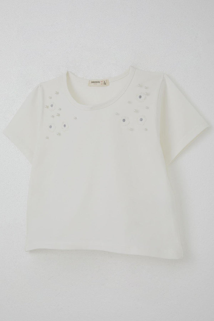 BRE Breeze Girl's T-Shirt with Pearl Detail Flower Accessories, 62 Years, Ecru - San Juan