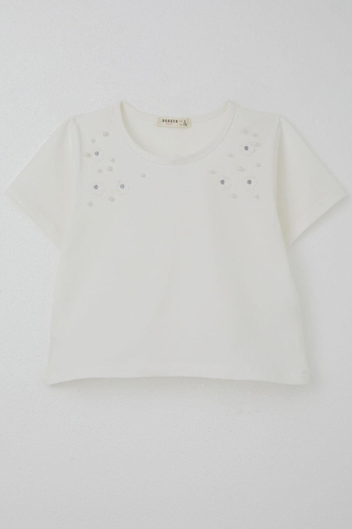 BRE Breeze Girl's T-Shirt with Pearl Detail Flower Accessories, 62 Years, Ecru - San Juan
