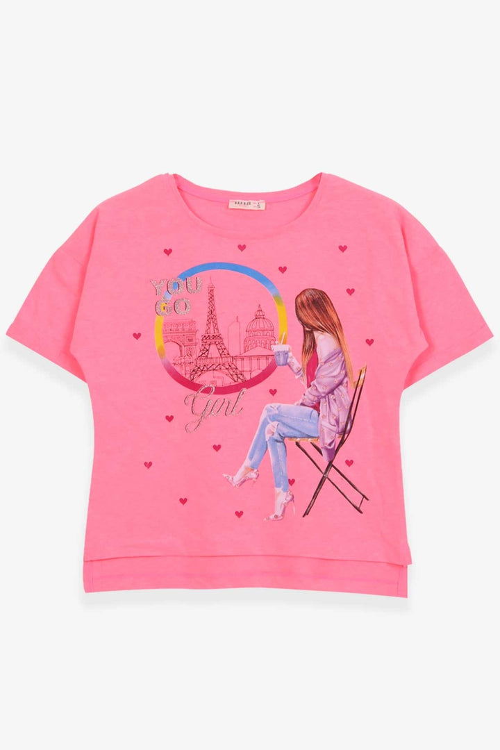 BRE Breeze Girl's T-shirt Heart Printed with Glitter for Girls 96 Years, Neon Pink - Conway