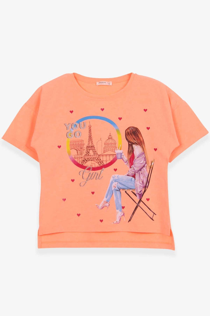 BRE Breeze Girl's T-shirt Heart Printed with Glitter for Girls 96 Years, Neon Orange - Bolingbrook