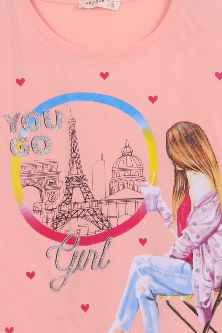 BRE Breeze Girl's T-shirt Heart Printed with Glitter 96 Years, Salmon - Chaves