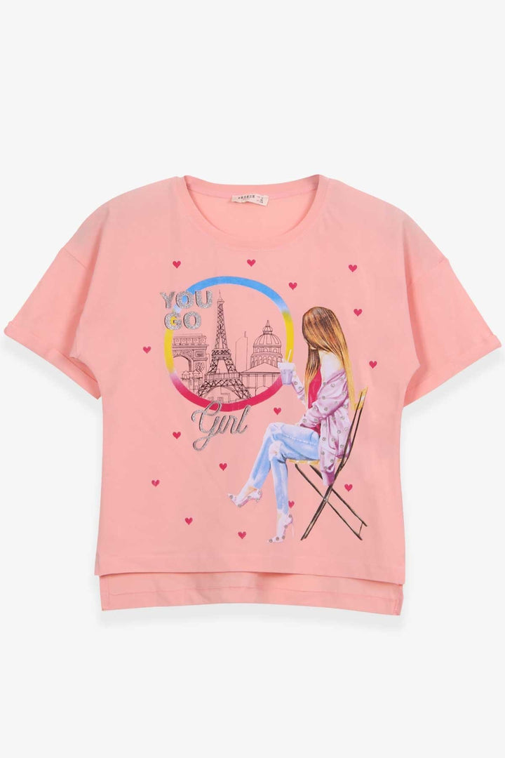 BRE Breeze Girl's T-shirt Heart Printed with Glitter 96 Years, Salmon - Chaves