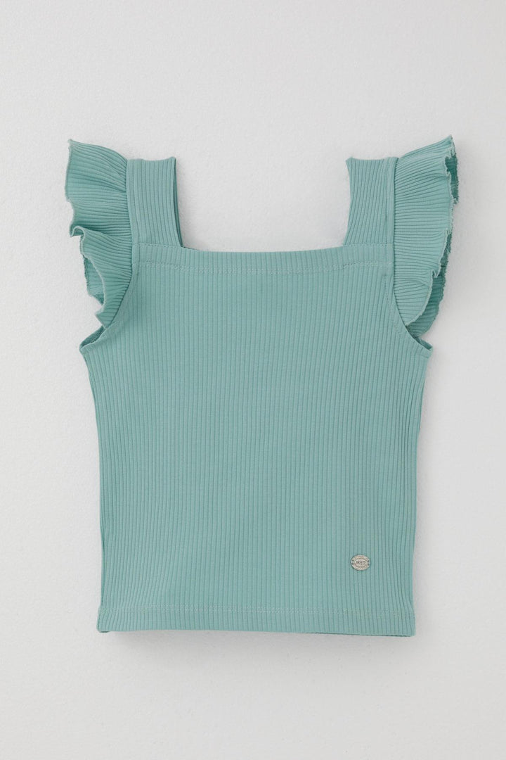 BRE Breeze Girl's T-Shirt Crop Square Neck Frilled Embroidered 84 Years, Mint Green - Botoşani