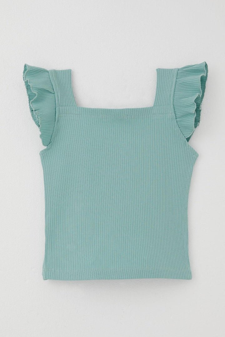 BRE Breeze Girl's T-Shirt Crop Square Neck Frilled Embroidered 84 Years, Mint Green - Botoşani