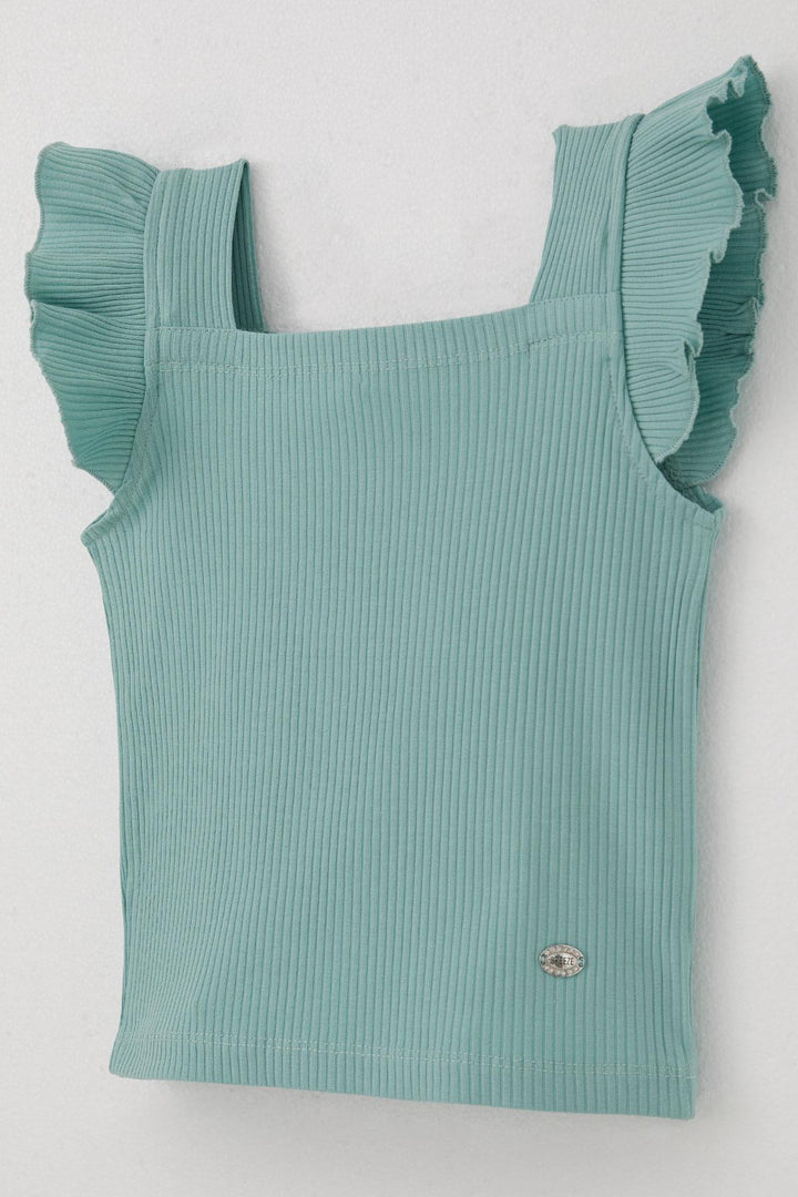 BRE Breeze Girl's T-Shirt Crop Square Neck Frilled Embroidered 84 Years, Mint Green - Botoşani