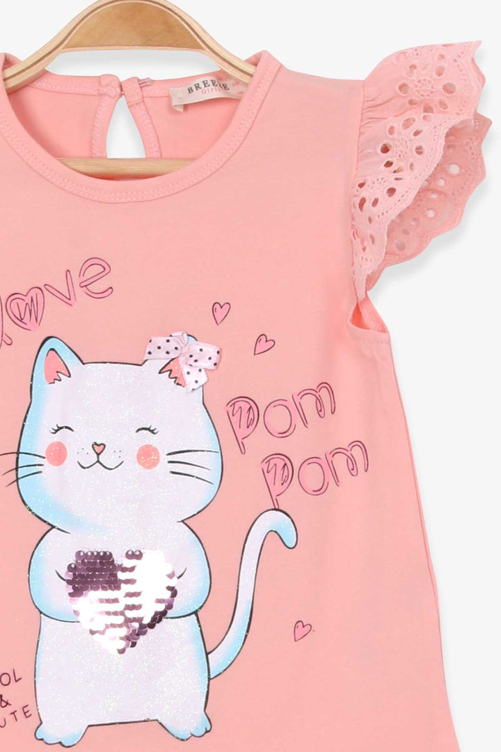 BRE Breeze Girl's T-shirt with Cat Print, 1-4 Years, Salmon - Eagle Mountain