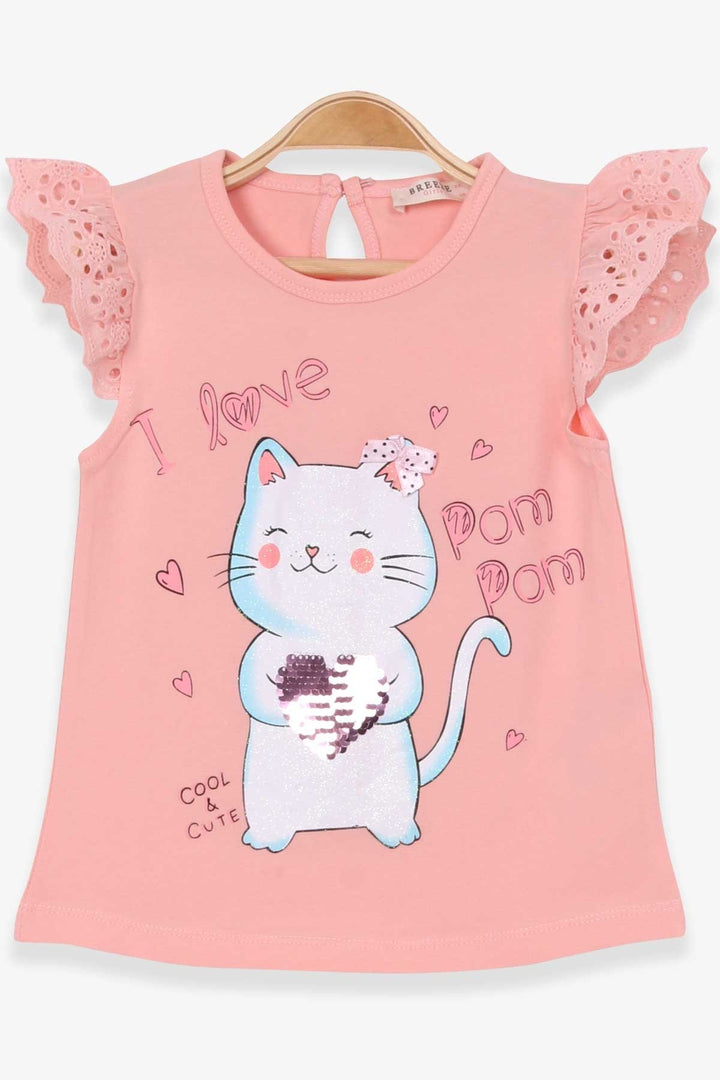 BRE Breeze Girl's T-shirt with Cat Print, 1-4 Years, Salmon - Eagle Mountain