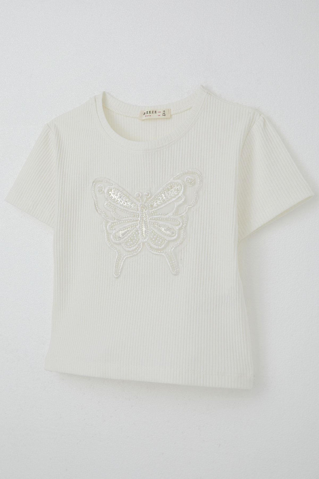 BRE Breeze Girl's T-shirt with Butterfly Crest, Pearl & Sequin Detail, 94 Years, Ecru - Épinay-sur-Seine