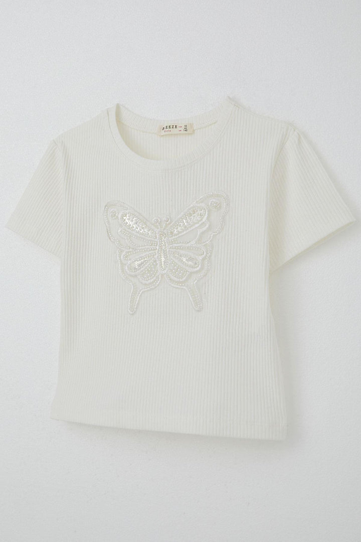 BRE Breeze Girl's T-shirt with Butterfly Crest, Pearl & Sequin Detail, 94 Years, Ecru - Épinay-sur-Seine