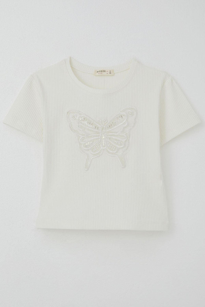 BRE Breeze Girl's T-shirt with Butterfly Crest, Pearl & Sequin Detail, 94 Years, Ecru - Épinay-sur-Seine