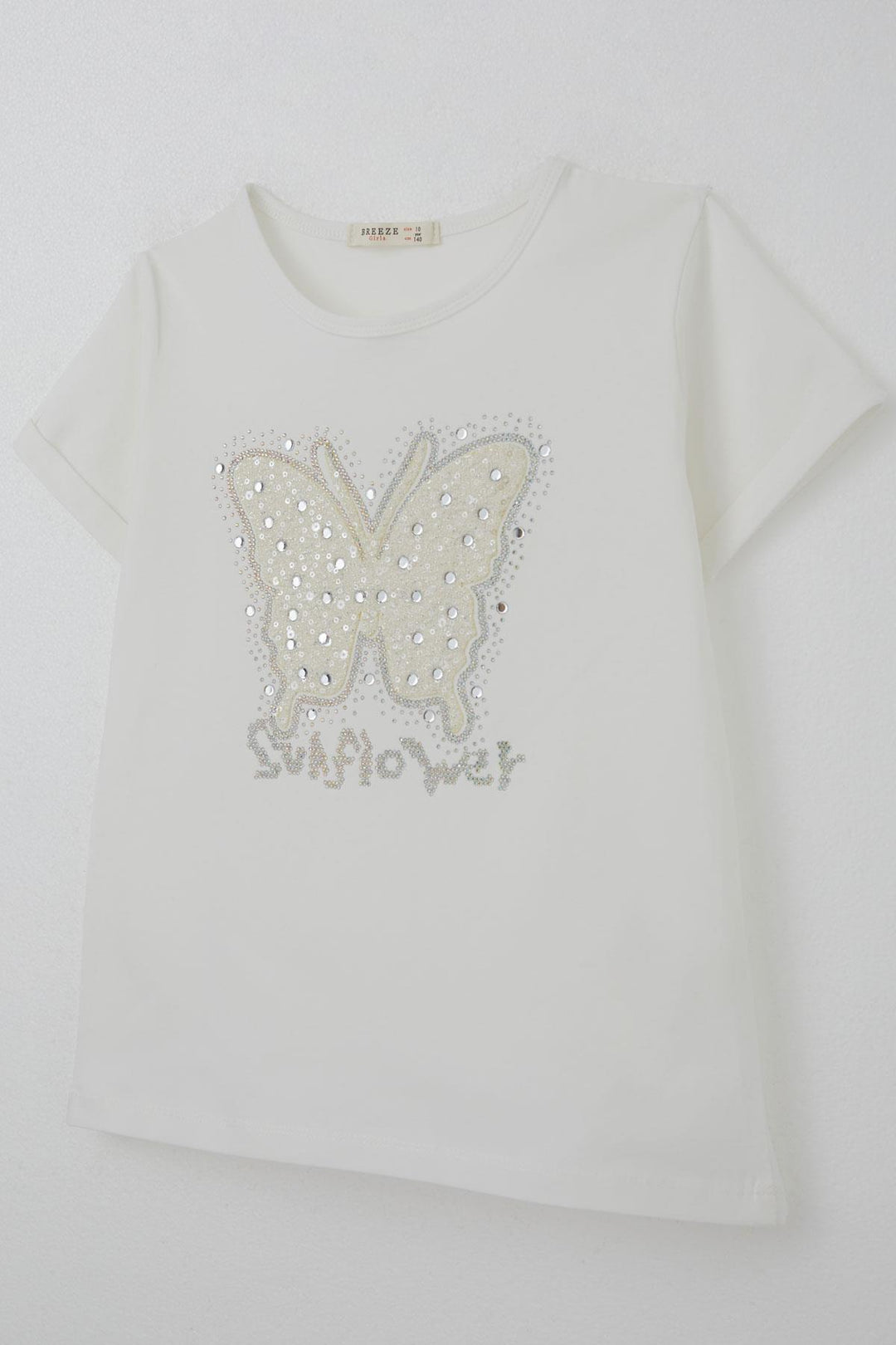 BRE Breeze Girl's T-shirt with Butterfly Print and Stone Detail, 94 Years, Ecru - Voznesensk