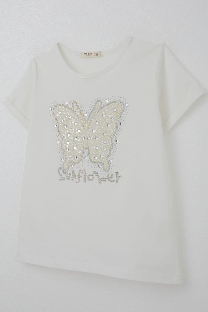 BRE Breeze Girl's T-shirt with Butterfly Print and Stone Detail, 94 Years, Ecru - Voznesensk