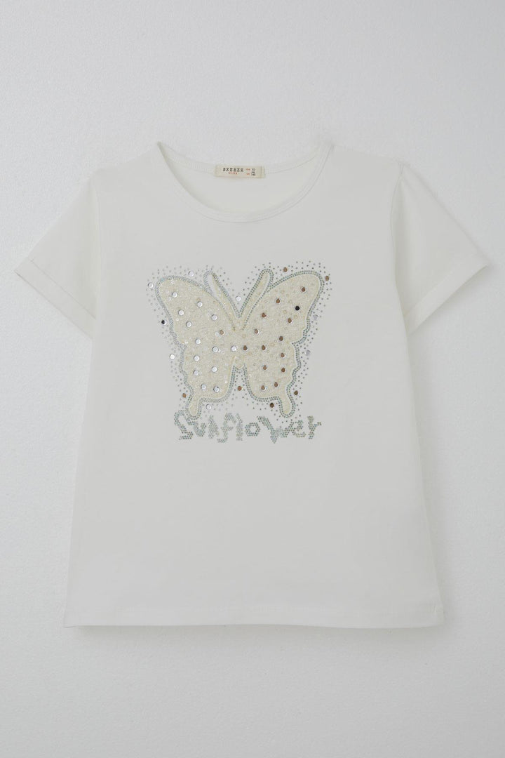 BRE Breeze Girl's T-shirt with Butterfly Print and Stone Detail, 94 Years, Ecru - Voznesensk
