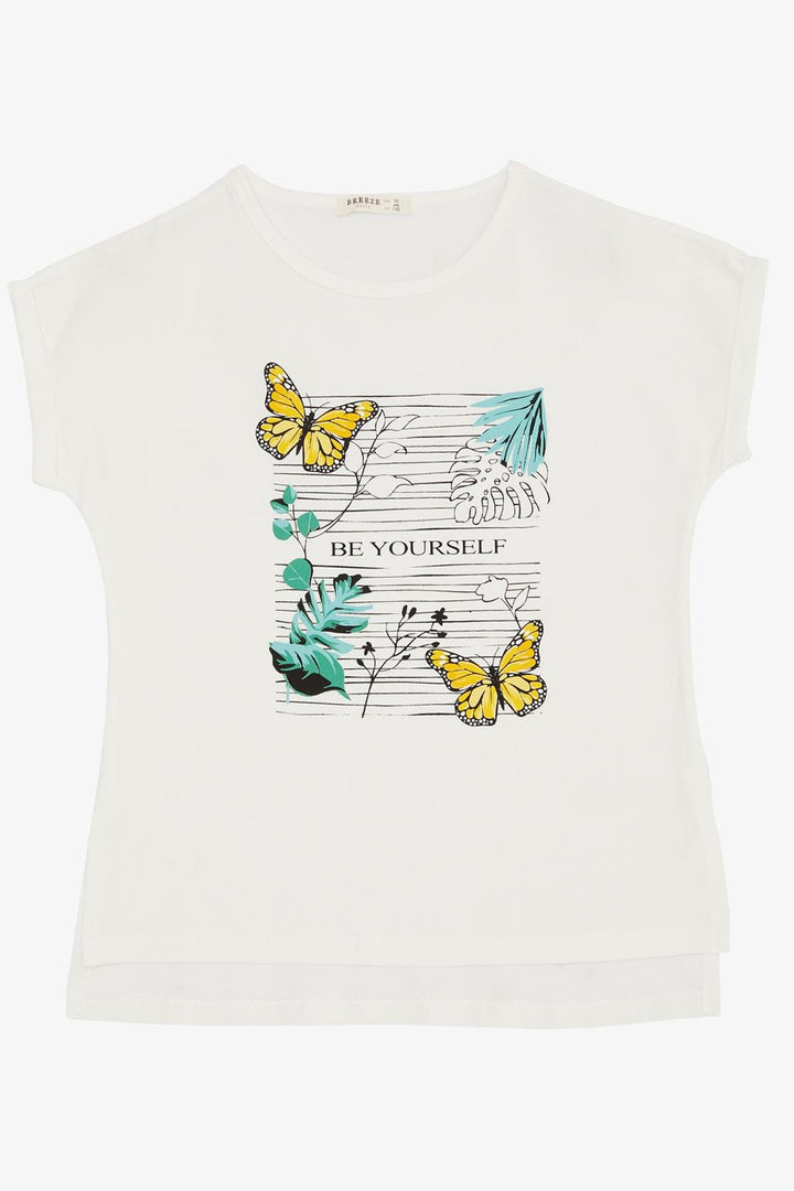 BRE Girl's T-shirt Butterfly & Flower Printed 106 Years, White - Thonon-les-Bains