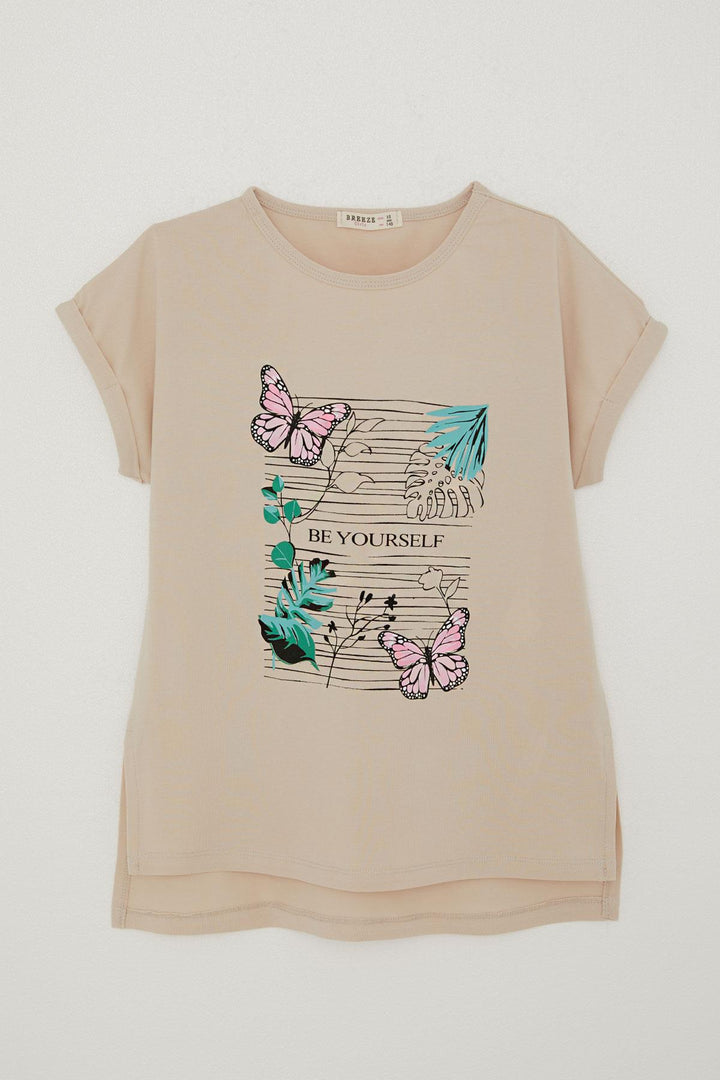 BRE Breeze Girl's T-shirt Butterfly & Flower Printed 106 Years, Beige - Drohobych