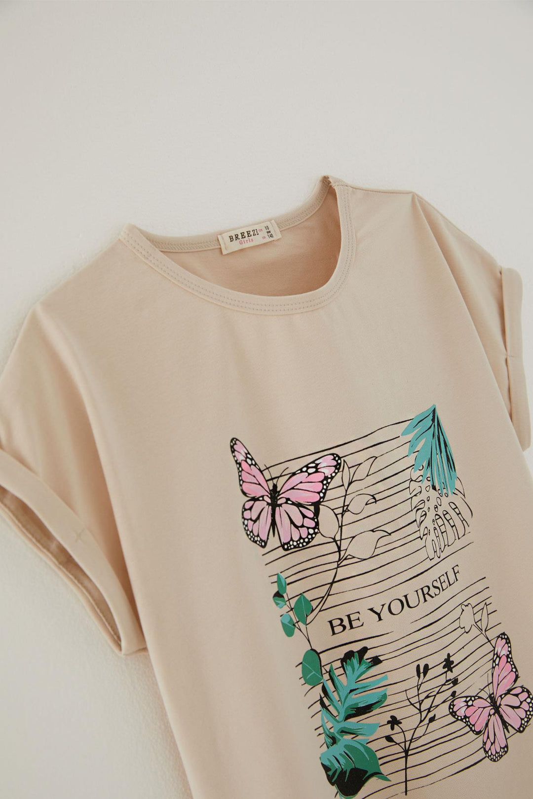 BRE Breeze Girl's T-shirt Butterfly & Flower Printed 106 Years, Beige - Drohobych