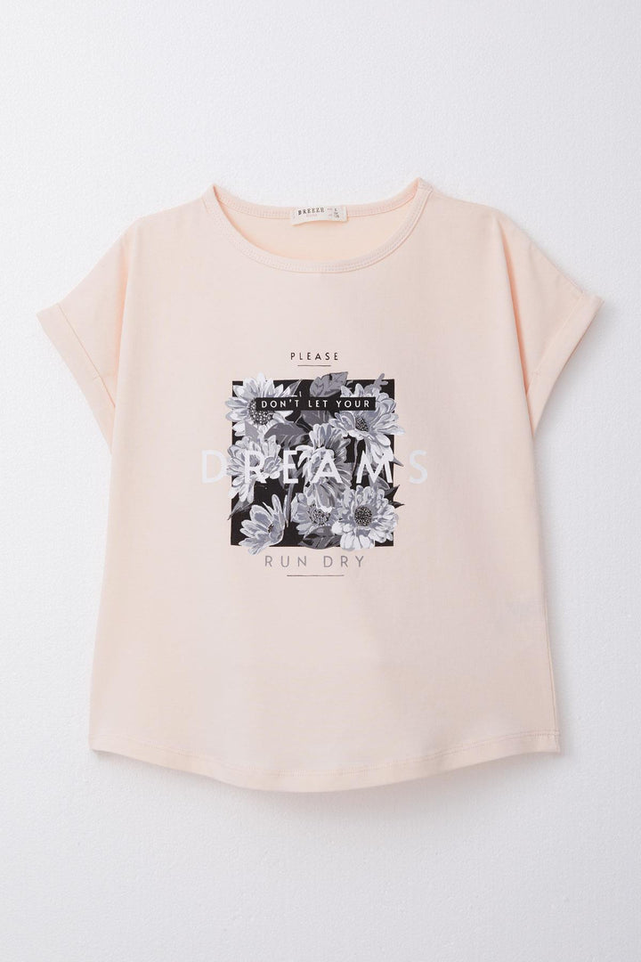 BRE Breeze Girl's T-shirt Belt Length Flower & Text Printed 72 Years, Powder - Kempten