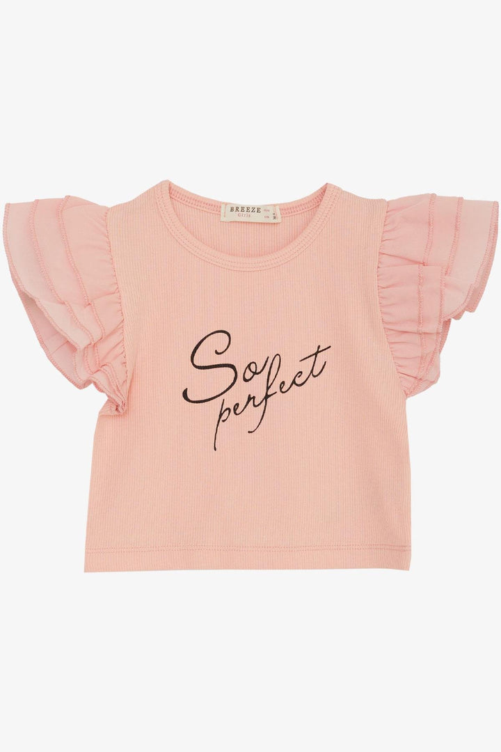 BRE Breeze Girl's T-shirt with Belted Sleeves Frilly Crepe Fabric 3-7 Years, Salmon - Bloomington