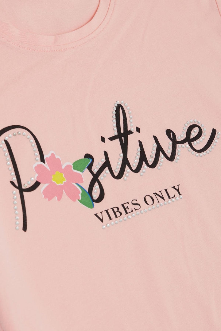 BRE Breeze Girl's T-shirt Belt Length Printed Stone Flower 84 Years, Salmon - Tepic