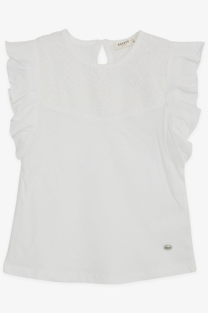 BRE Breeze Girl's T-shirt with Frilly Sleeves, Embroidery, and Lace, 62 Years, Ecru - Witten
