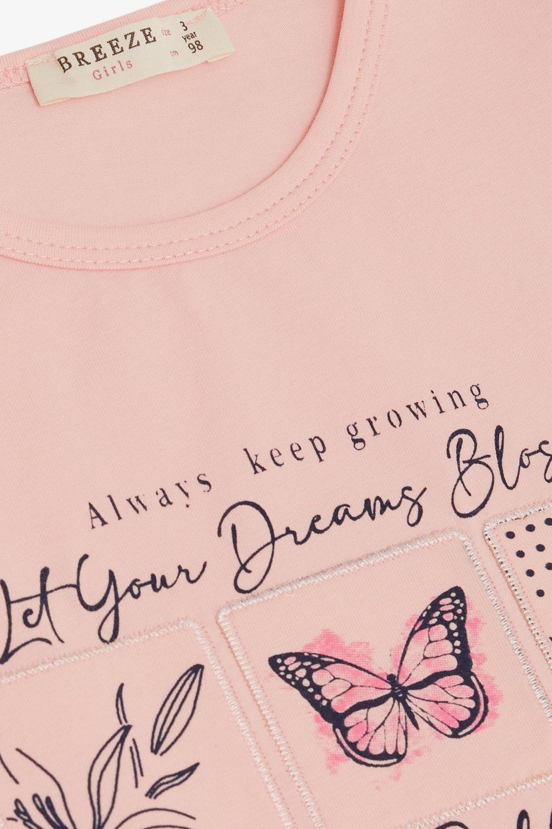 BRE Breeze Girl's T-shirt with Puff Sleeve, Guipure Embroidery, Butterfly Print, 1.5-5 Years, Pink - Emden