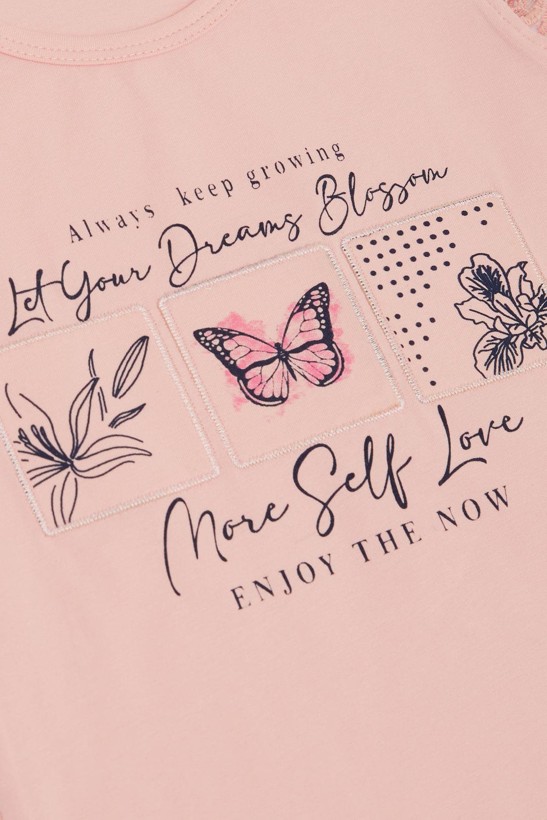 BRE Breeze Girl's T-shirt with Puff Sleeve, Guipure Embroidery, Butterfly Print, 1.5-5 Years, Pink - Emden